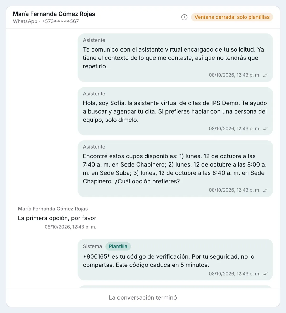 Conversación de WhatsApp en la consola de Omcall: Sofía verifica la identidad de la paciente y agenda la cita
