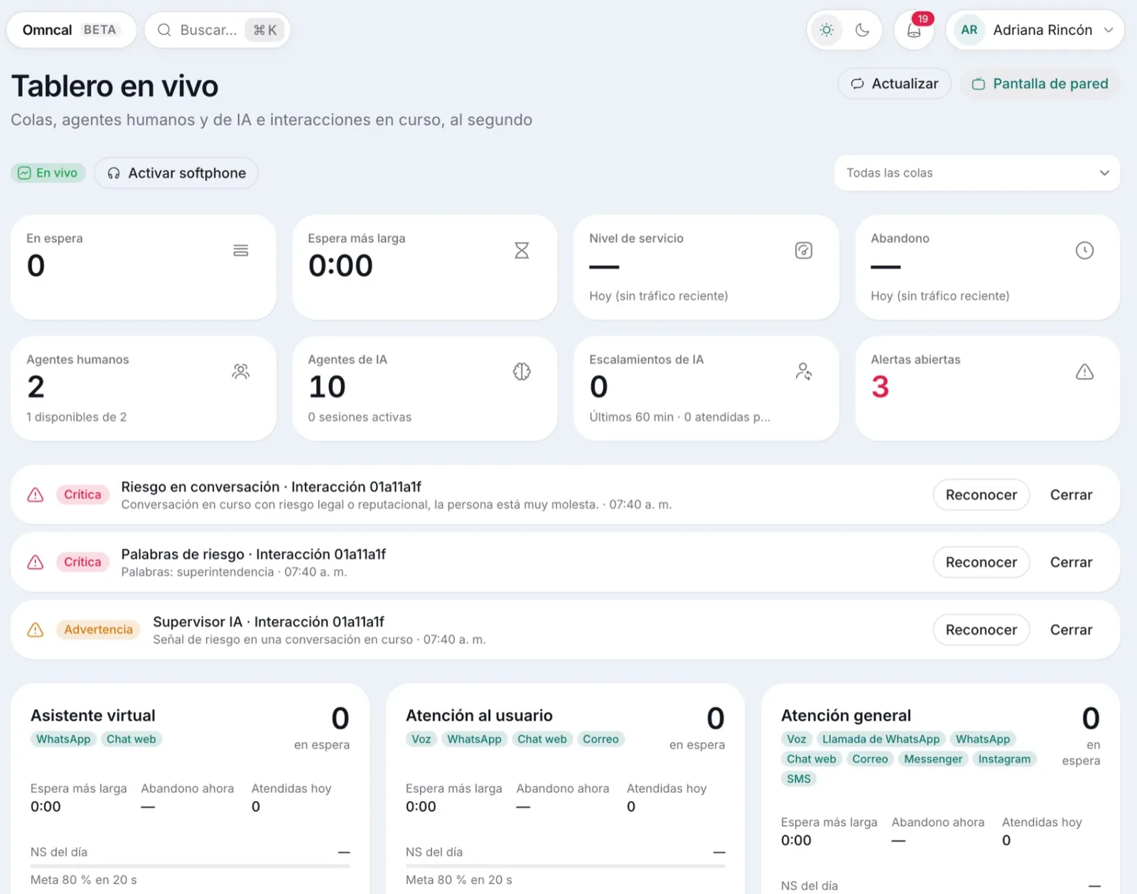 Tablero de supervisión de Omcall con personas y agentes de IA en vivo
